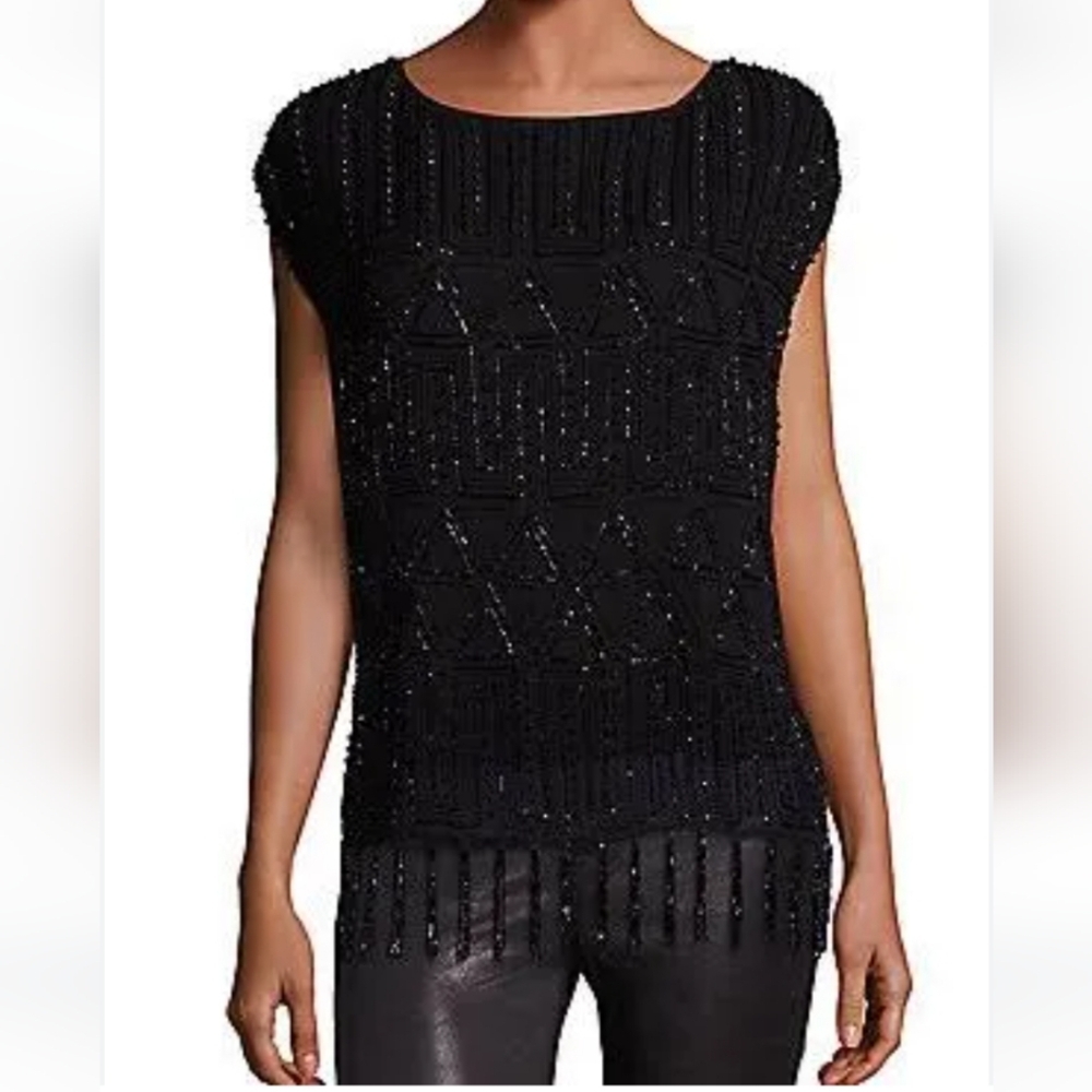 Joie Cecile Black Geometric Beaded Fringe Tassel Sleeveless Tunic Top Sz XSmall